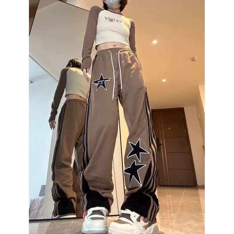 Fashion Street American Star Stripe Sports Casual Wide Leg Pants Women Elastic Waist Drawstring Pockets Loose Straight Trousers