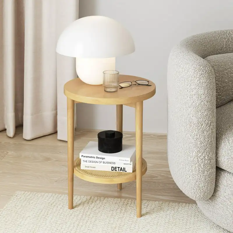 

Sonia Bohemian 2-Tier Round End Table in Light Wood With Rattan Storage