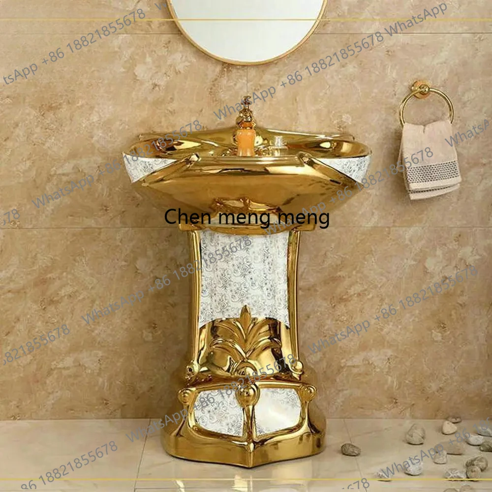 อ่างล้างหน้าเซรามิกแบบตั้งพื้นสำหรับตกแต่งบ้านสไตล์โมเดิร์นหรูหราสีทอง พร้อมขาตั้ง สำหรับปรับปรุงบ้าน 1