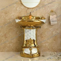 อ่างล้างหน้าเซรามิกแบบตั้งพื้นสำหรับตกแต่งบ้านสไตล์โมเดิร์นหรูหราสีทอง พร้อมขาตั้ง สำหรับปรับปรุงบ้าน 1