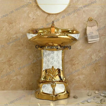   อ่างล้างหน้าเซรามิกแบบตั้งพื้นสำหรับตกแต่งบ้านสไตล์โมเดิร์นหรูหราสีทอง พร้อมขาตั้ง สำหรับปรับปรุงบ้าน 1