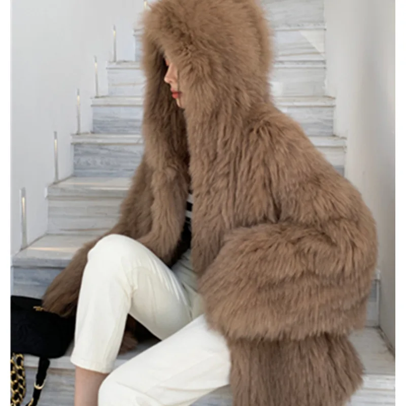 Chinese Fur  Encryption Double-Sided Woven Natural LUCKY Fox beizru Fur Coat Women's Hooded Big White Bear Young Furry Coat