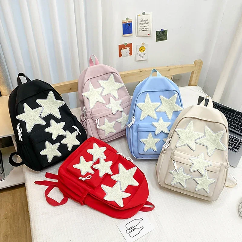 1PCS Girls Nylon Large Backpack Simple Fashion Waterproof Pentagram Teenage Schoolbag Women's Travel Backpacks
