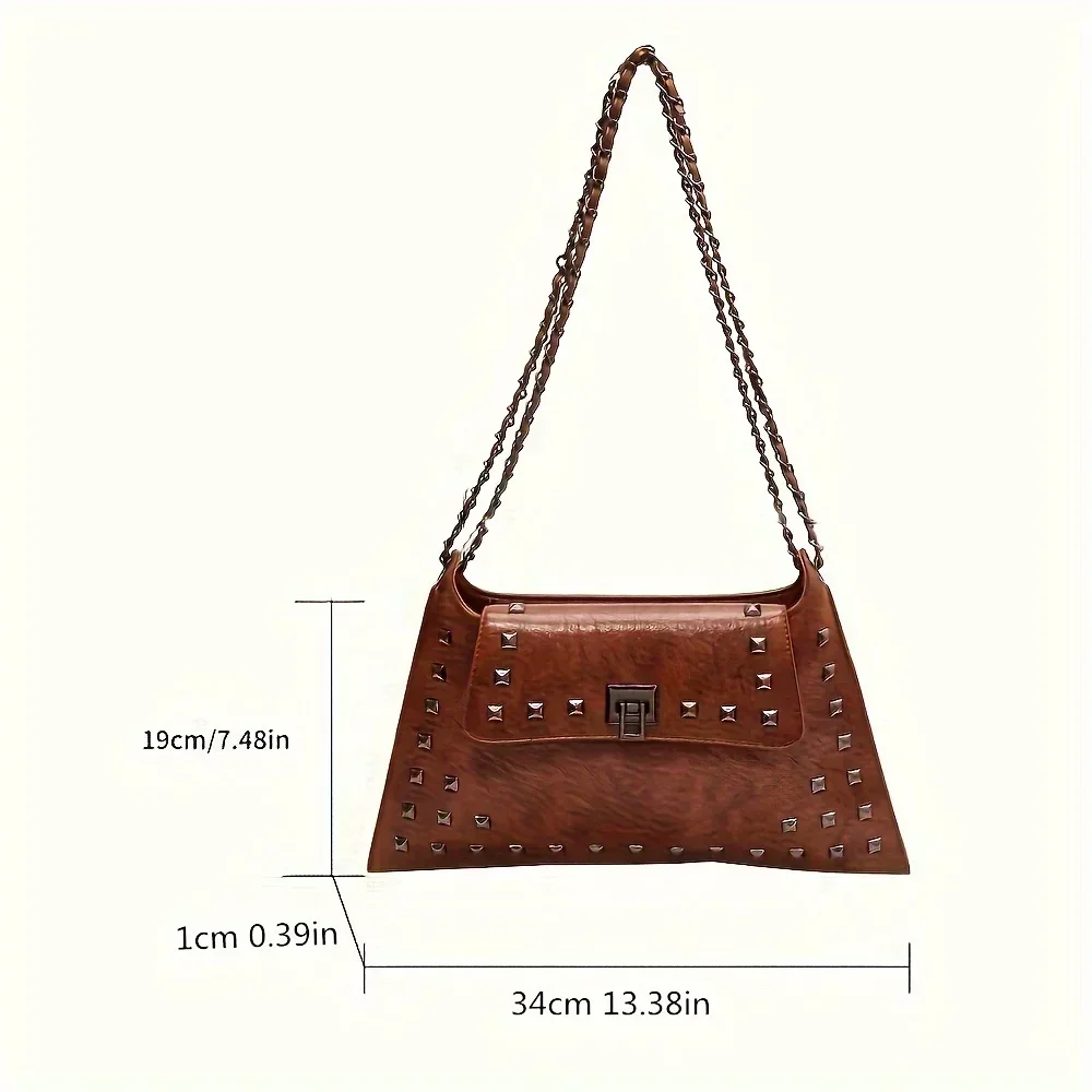 Chic Vintage Rivet Crossbody Bag - Waterproof Faux Leather, Adjustable Strap, Solid Color with Kiss Lock Closure