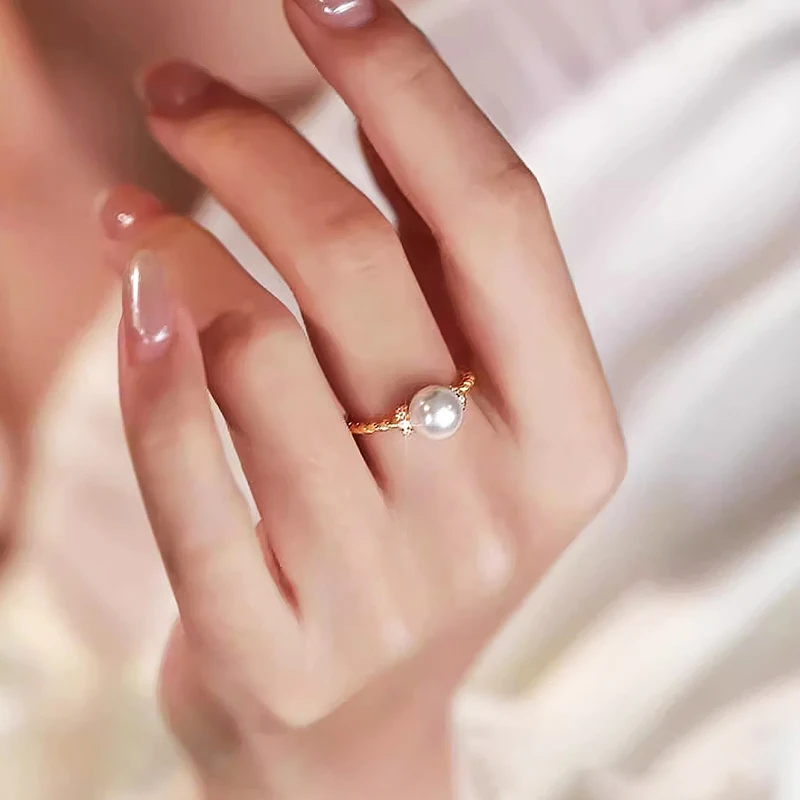 Stainless Steel Rings for Women Aesthetic Pearl Gold Color Wedding Ring Waterproof  Adjustable Opening Accessories Party Jewelry