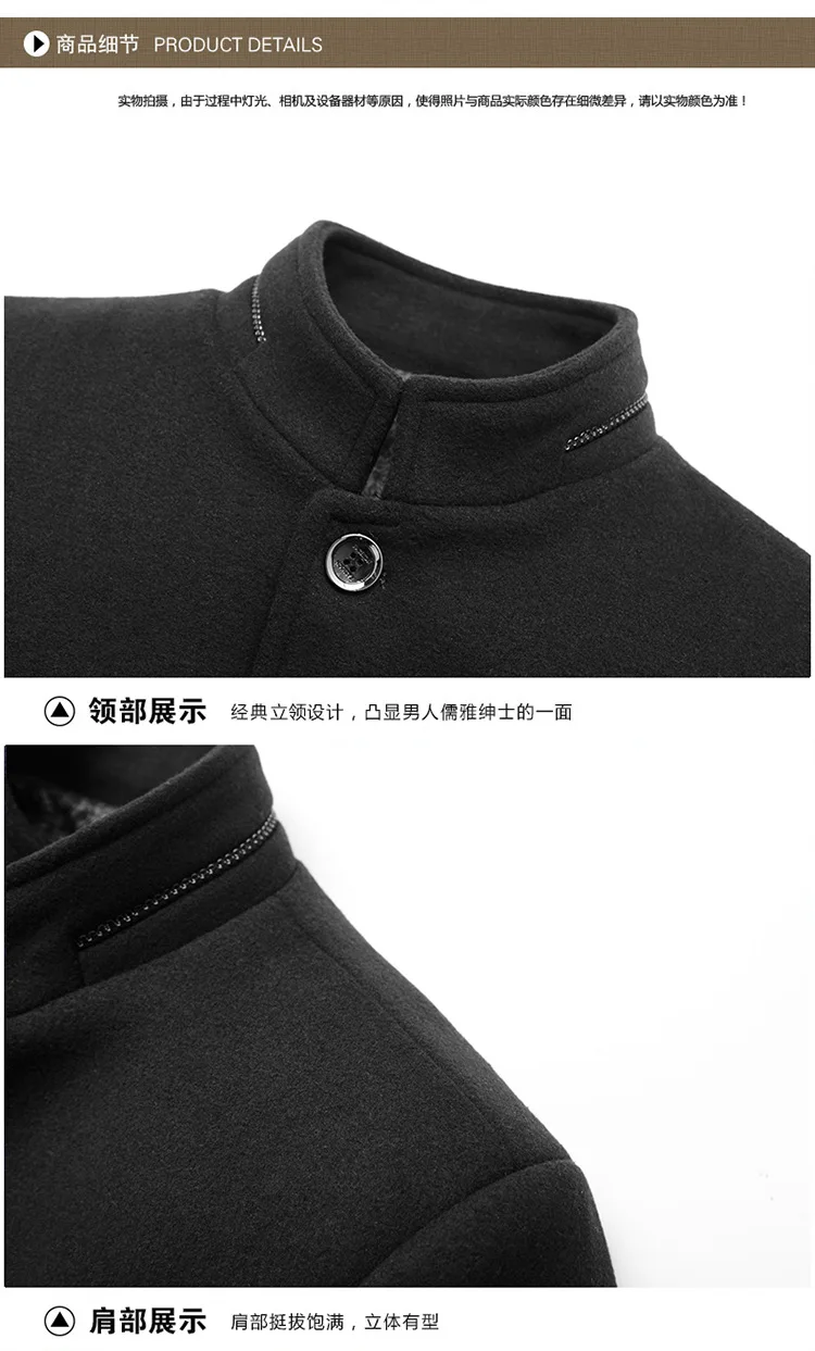 Description Picture 6 of itemMens Woolen Coat 2023 Autumn/Winter New Cotton Thickened Single Breasted Standing Collar Wool Blend Male Jacket