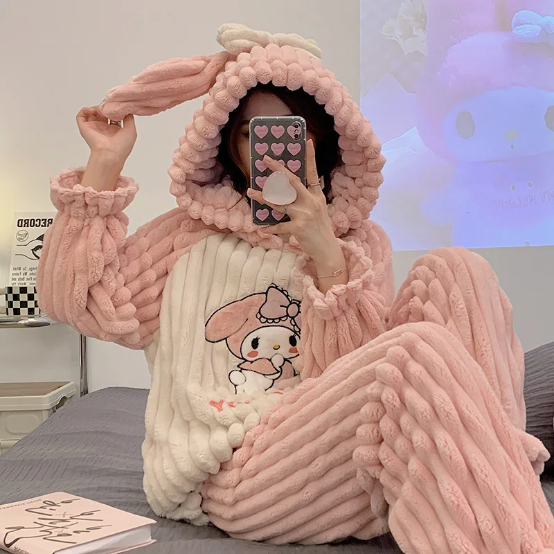 

Sanrio Kawaii/2 предмета; Качественная ночная рубашка с капюшоном из кораллового флиса; Пижама с героями мультфильмов «My Melody» для девочек; Зимние плюшевые комплекты для студентов