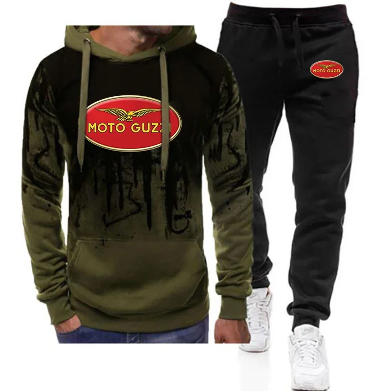 

MOTO GUZZI Spring Autumn New Hight Quality Casual Fashion Men Sports Pullove Gradient Color Hoodie+ Pants Printing Comfort Suit