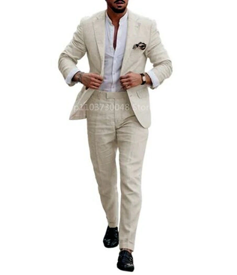 Linen Blue Wedding Groom Tuxedo Slim Fit Casual Men's Suit with Notched Lapel Jacket And Pants 2-Piece Set for Party Prom Summer