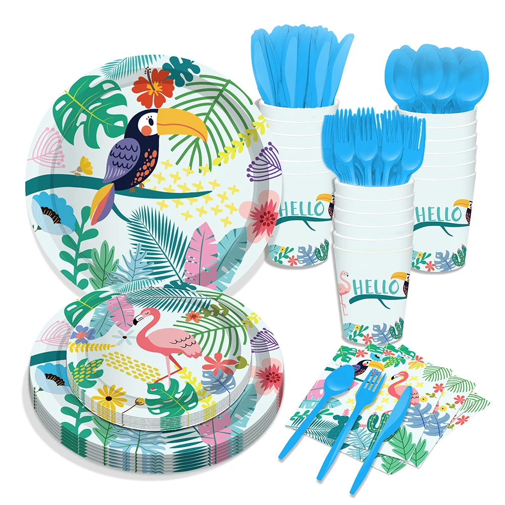 

Hawaii Flamingo Party Paper Disposable Tableware Sets Plates Cups Napkins DIY Palm Leaves Forest Party Dinner Set Supplies