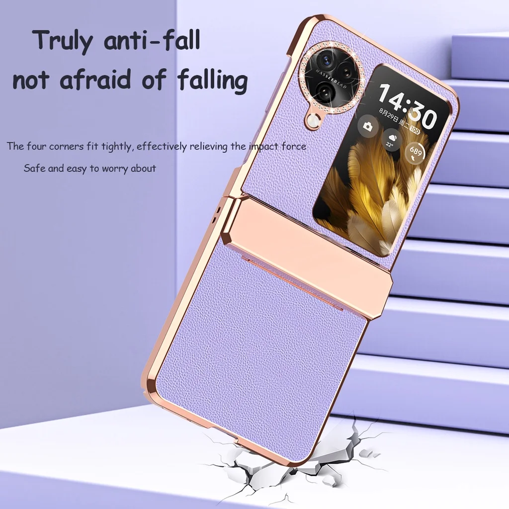 PU Leather Hard Plating Phone Case For OPPO Find N3 Flip 5G Electroplated Frame With Hinged Shockproof Cover For Find N 3 Flip