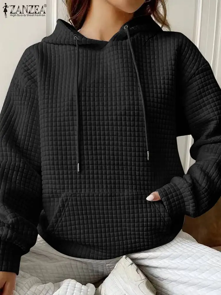 

ZANZEA Women Simple Long Sleeve Pullovers 2023 Autumn Fashion Solid Hooded Collar Sweatshirt Casual Drawstring Tops Streetwear