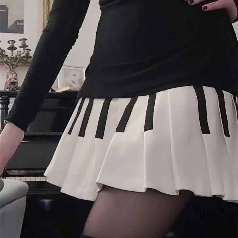 American Retro Sweet Black White Piano Skirts 2025 Summer New Pleated Skirt Woman Y2k Slim Fit High Waist Fashion Faldas Mujer 1