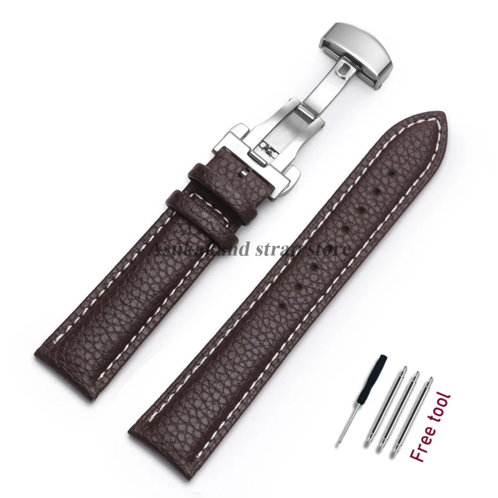 Premium Calfskin Litchi Leather Watch Strap with Butterfly Buckle