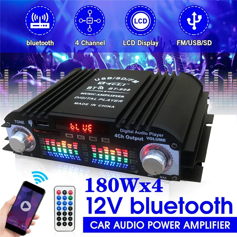 

BT-998 12V/220V Mini bluetooth HiFi Power Amplifiers Stereo Car Home Audio Digital Sound Amplifier LCD Display FM SD USB Bass