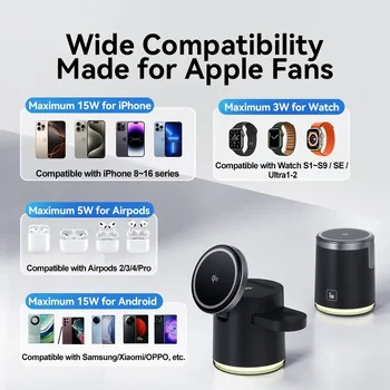 4 in 1 QI2 Wireless Charger Fast Charging Dock Stand Night Light For Magsafe iPhone 16 15 14 Pro Max Airpods Pro 2-8 Apple Watch 5