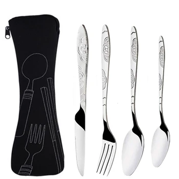 Borsa per stoviglie in acciaio inossidabile lavabile con cerniera Custodia per kit di posate Custodia portatile per cena Cucchiaio da campeggio da viaggio per attrezzi domestici 1