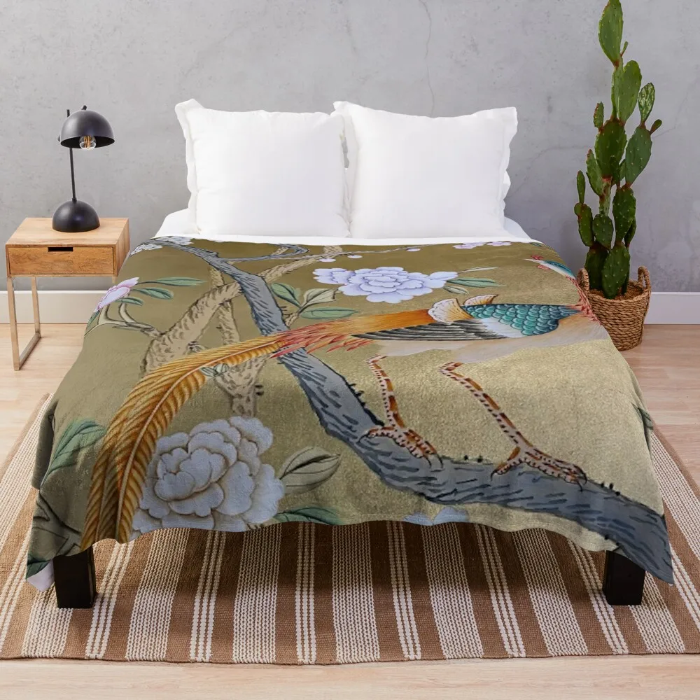 

Shimmering Golden Garden Chinoiserie with Colorful Peacock Throw Blanket Hairy Retros Decoratives Blankets