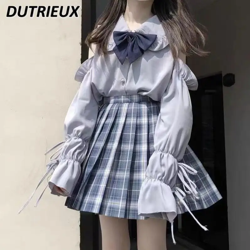 Japanese Style JK Uniform Shirt Women's Bow Lolita Inner Bell Sleeve Doll Collar Off-the-Shoulder Long Sleeve Top Camisas