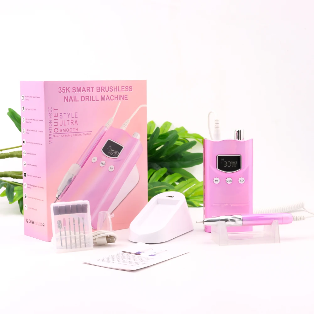 35K Brushless Cordless Nail Drill Machine 35000RPM Portable Rechargeable Manicure Electric Nail File Drill Special Desktop Base 6