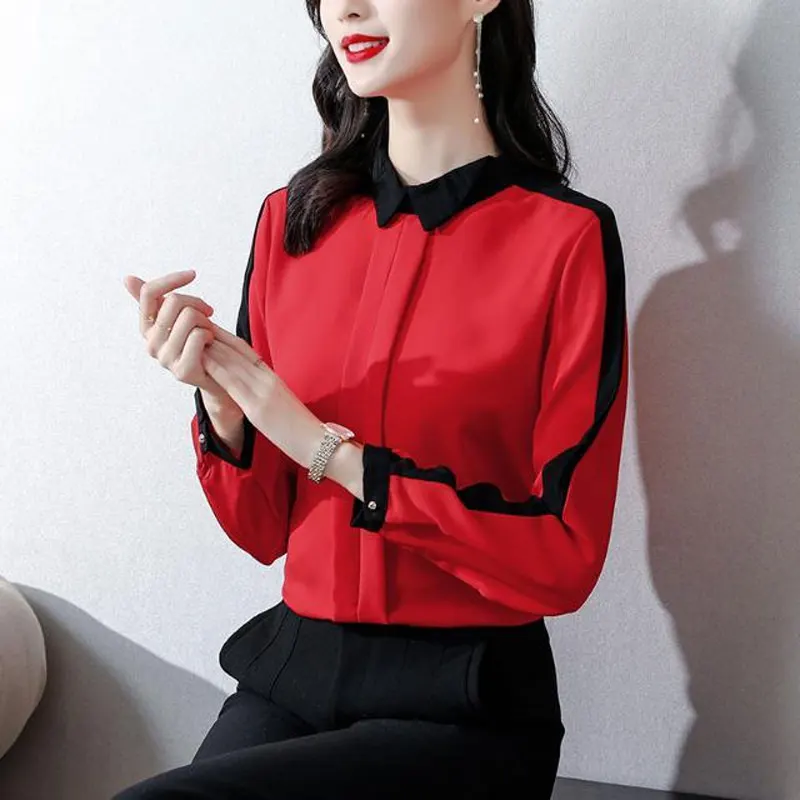 Fashion Commute Polo-Neck All-match Shirt Spring Autumn Long Sleeve Contrasting Colors Patchwork Female Straight Button Blouse