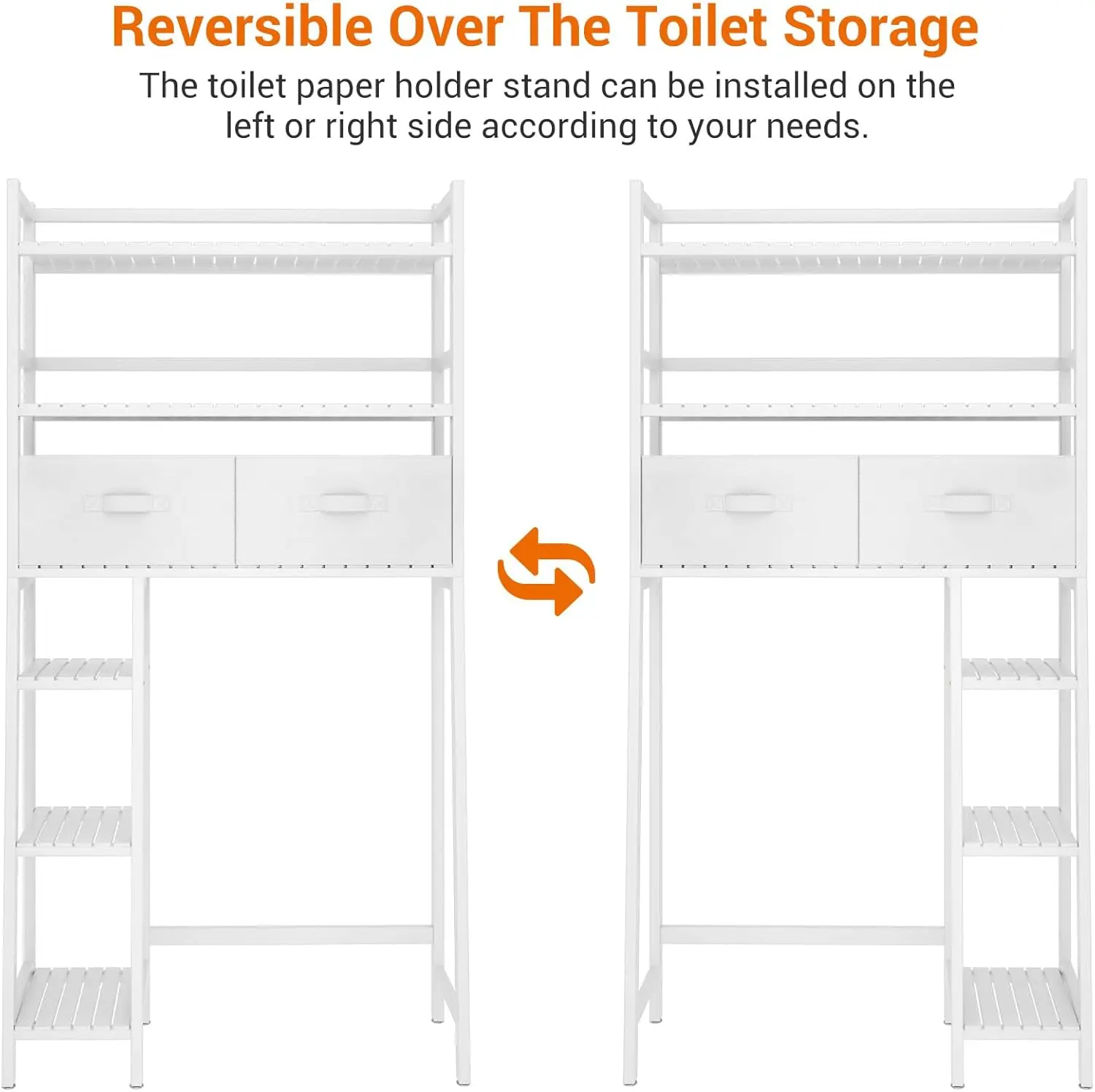 Over Toilet Storage Shelf. 2 Fabric Drawers. Bamboo Organizer. Toilet Paper Holder. Space Saver. No Rust. White.