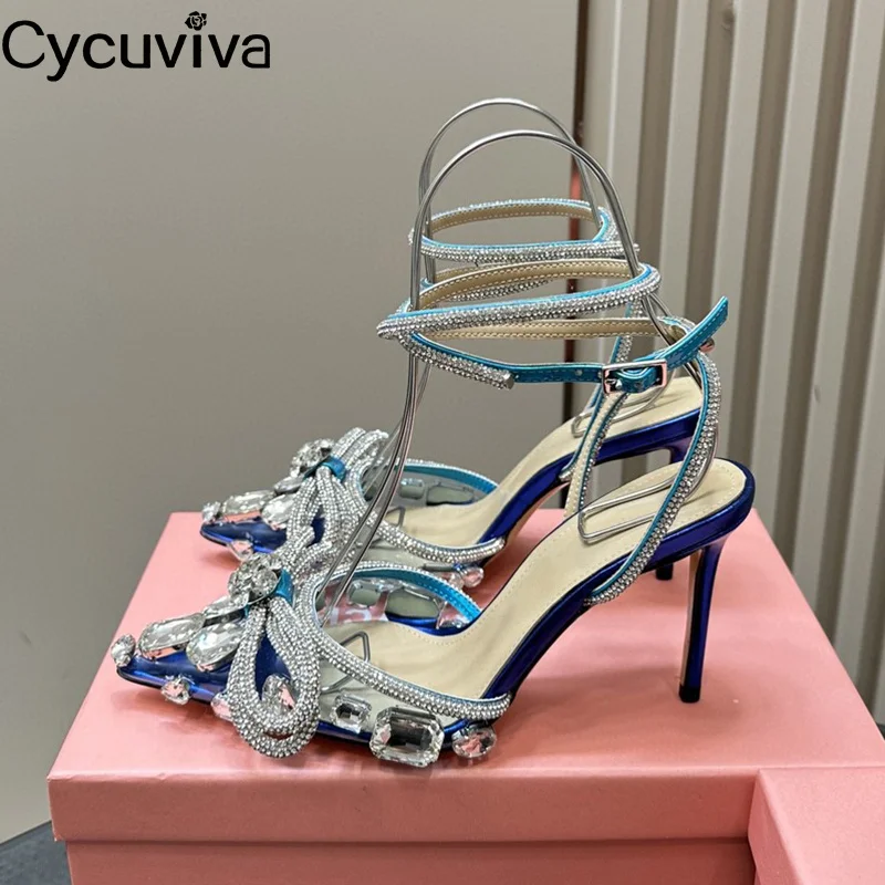 

Luxury Crystal Bowknot Pumps Women Point Toe High Heel Modern Sandals Ankle Strap Wedding Party Shoes For Woman Sandals Mujer