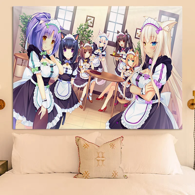 

Гобелен на стену Nekopara Chocola, аксессуары для украшения дома, художественные головные уборы, кавайный декор комнаты, эстетические гобелены для спальни
