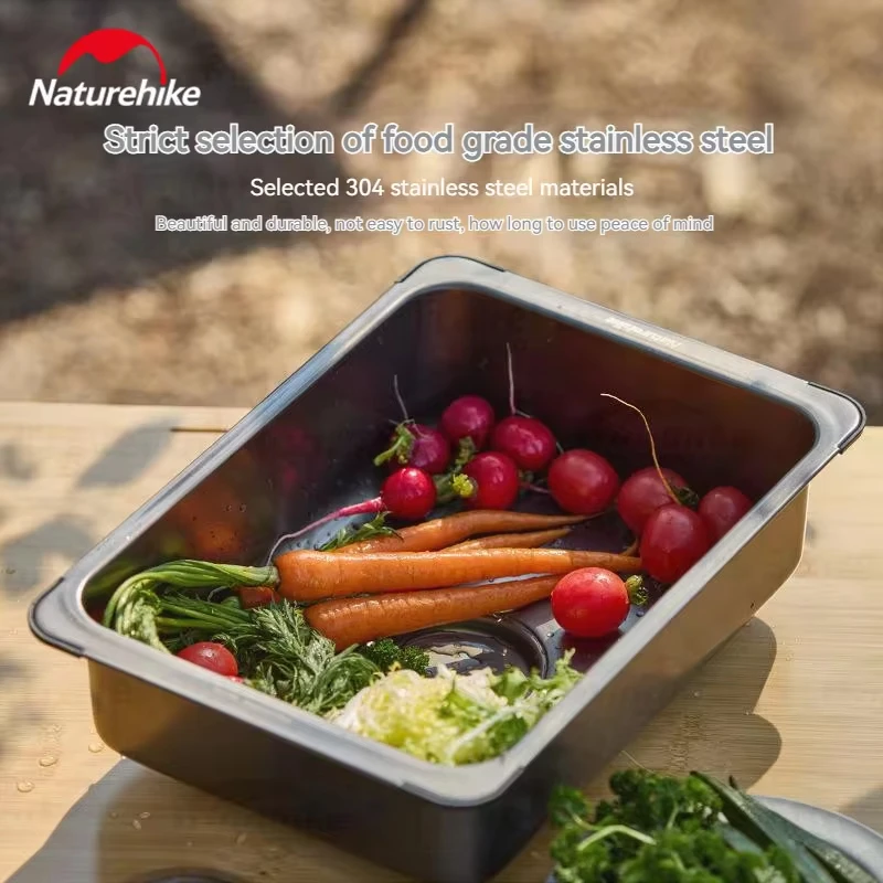 Naturehike IGT Table Sink Camping Portable Kitchen Supplies Filter 6L Wash Basin 304 Stainless Steel Picnic Storage Basin