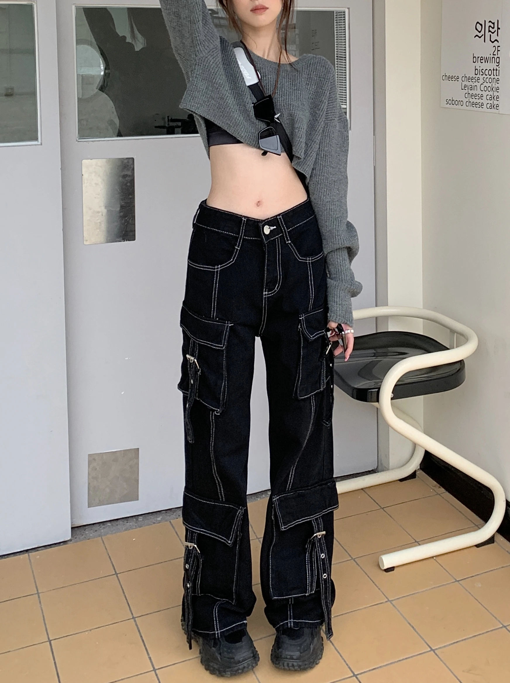 

2023 Vintage Retro Tooling Jeans Female Y2k Autumn Winter New High Street Multi-Pocket Loose Wide-Leg Pants Casual Pants