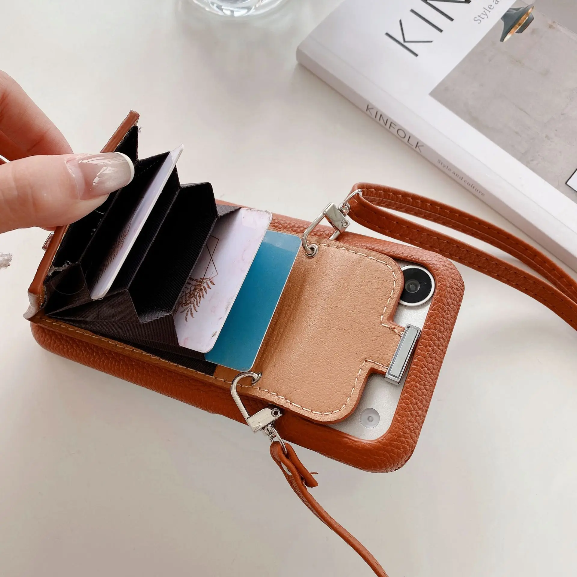 Elegant Leather Wallet Shoulder Strap Phone Case with Card Pocket and Lanyard Cover