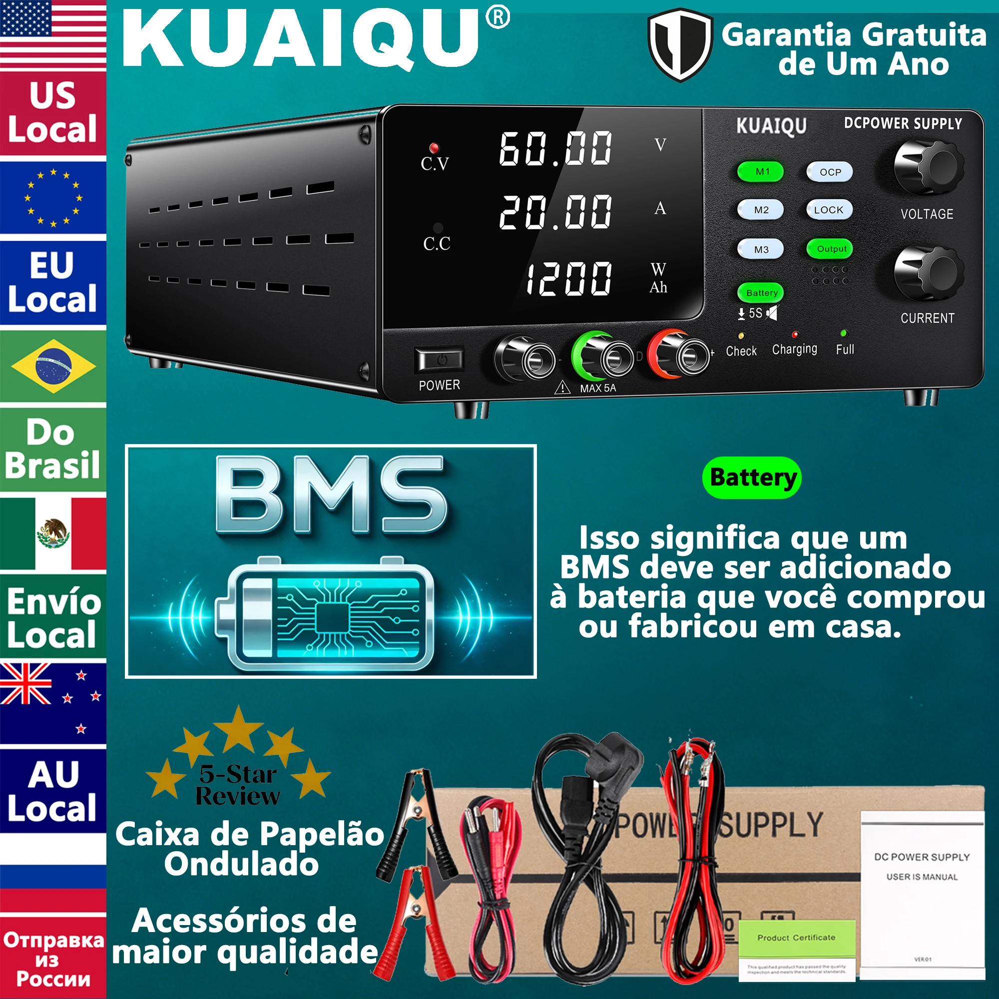 fonte de bancada 60v 20a já no brasil, fonte 1200w, fonte de alimentação de bancada de alta precisão de 1200W para carregamento de bateria, OCP, armazenamento de memória, Do Brasil, Sem impostos