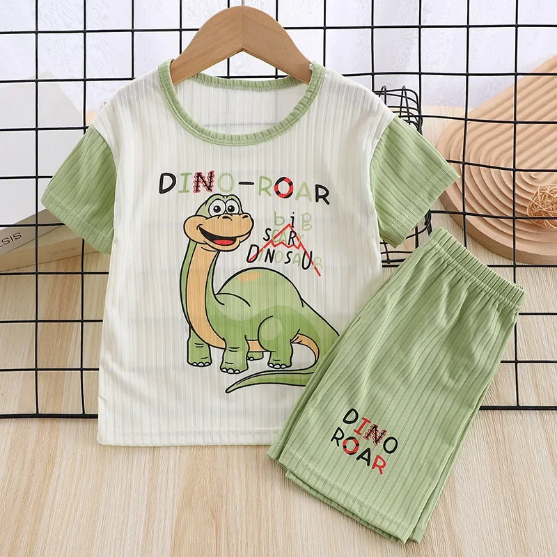 Летняя дышащая Пижама для мальчиков и девочек, футболка с коротким рукавом и шорты с мультипликационным динозавром, комплекты одежды для малышей, 2024