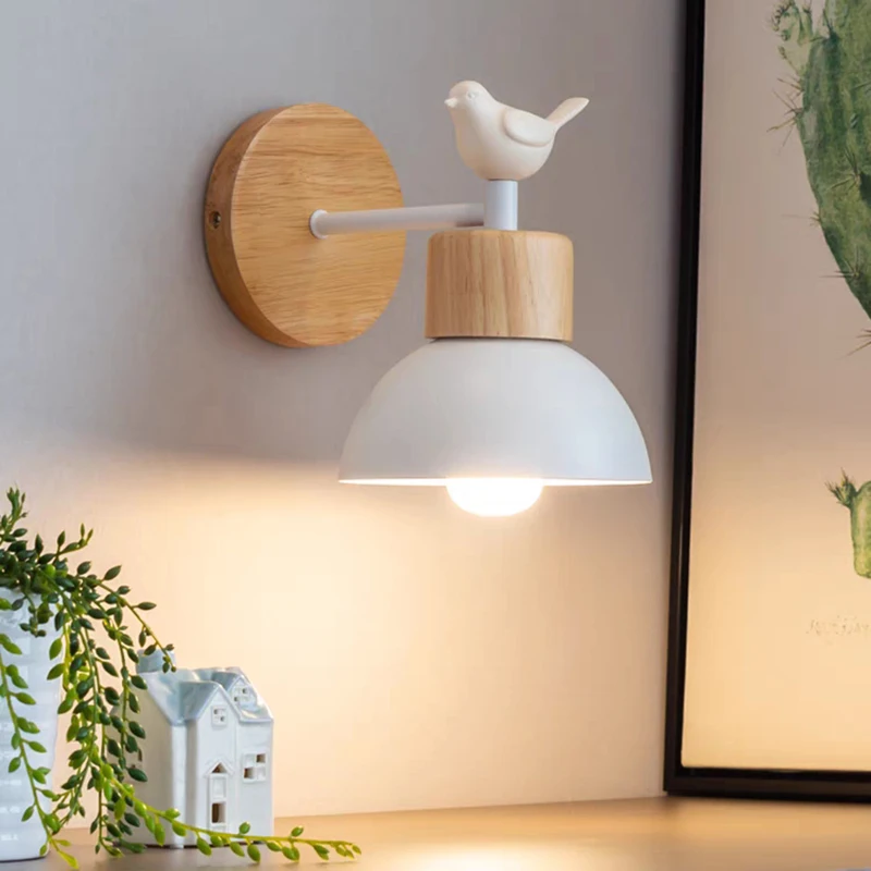 

Nordic Wooden Wall Lamp Minimalist Semi-circle Bird Sconces For Bedroom Study Kid Room Hallway Balcony Stairway decor Lighting