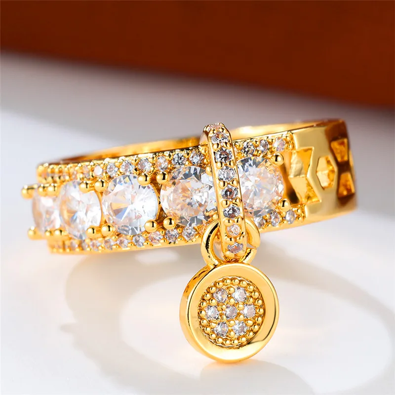 Luxury Female Crystal White Round Zircon Stone Engagement Ring Cute Yellow Gold Color Wedding Jewelry For Women