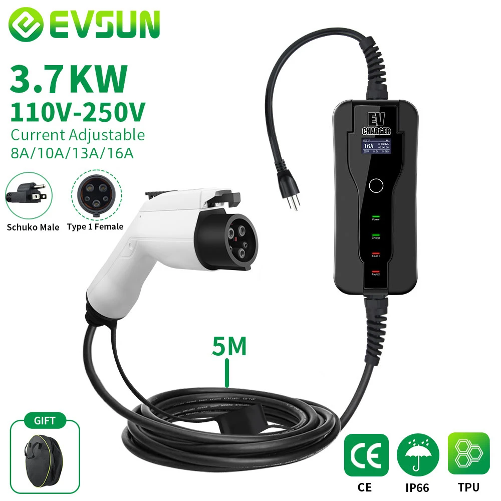 EVSUN SAE J1772 Type 1 IEC62196 Type 2 EVSE EV Portable Charger 16A