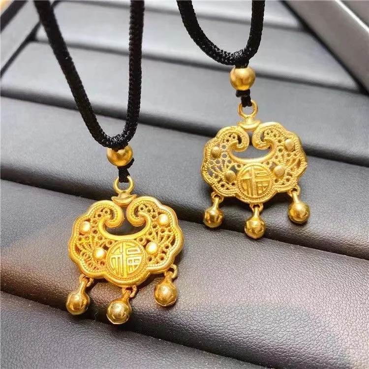 

Pure 999 Full Longevity Pendant 100% Plated Real 999 Gold 18k Bell Safety Lock Necklace Women's Color for Women's Gifts