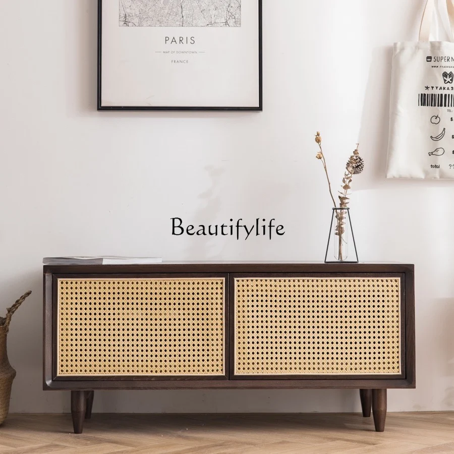 

Nordic Modern Solid Wood Shoe Changing Stool Shoe Cabinet Household Rattan Woven Sliding Door Can Sit Low Cabinet