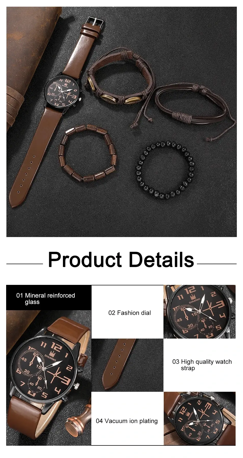5PCS Set Mode Herren Sport Armband Uhren Für Männer Retro Große Zifferblatt Quarz Armbanduhr Klassische Männliche Casual braun Leder Uhr – Detail 3
