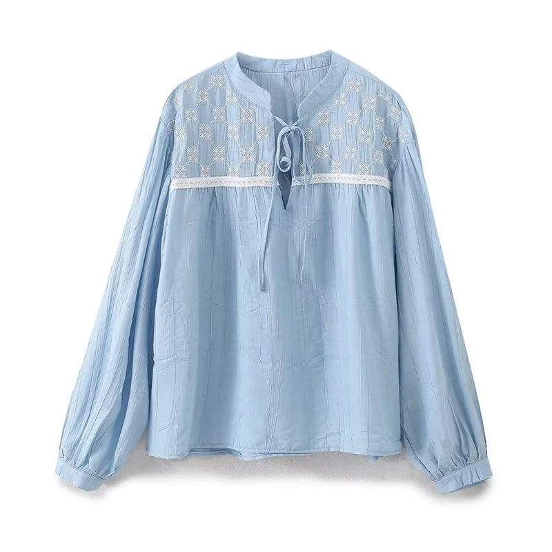 

YENKYE 2024 Women Embroidery Blue Blouse Vintage Long Sleeve V Neck Female Spring Summer Casual Loose Tops ropa de mujer