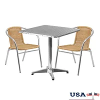 27.5 Inch Square Aluminum Table Set with 2 Rattan Chairs Indoor Outdoor Use Lightweight Commercial Residential Bistro Dining 1