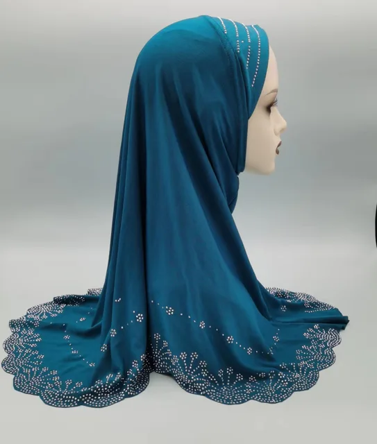 Rhinestone Head Scarf Kids Girls Crystl Flower Muslim Khimr Hijb
