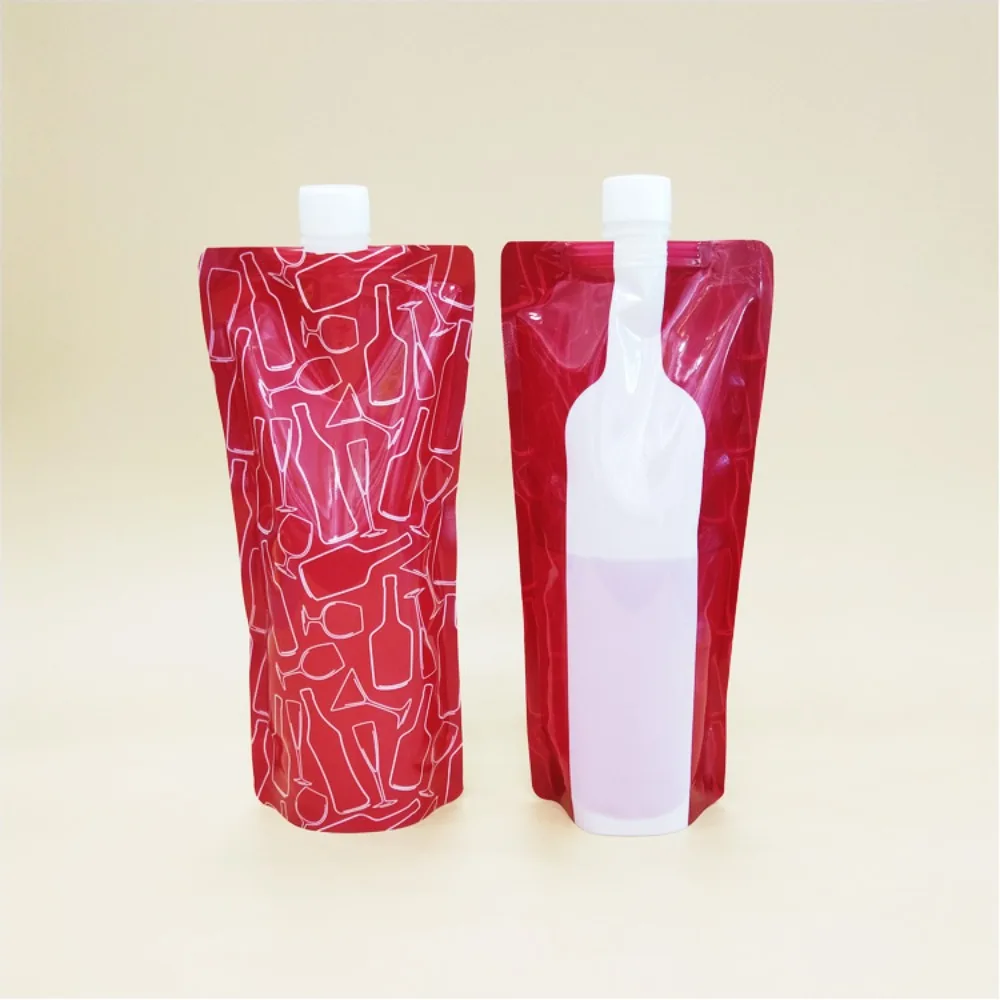 750ML Folding Water Bag with Suction Nozzle Leak Proof Portable Beverage Bottle Food Grade Plastic Wine Bags Wine Bottom Pouch