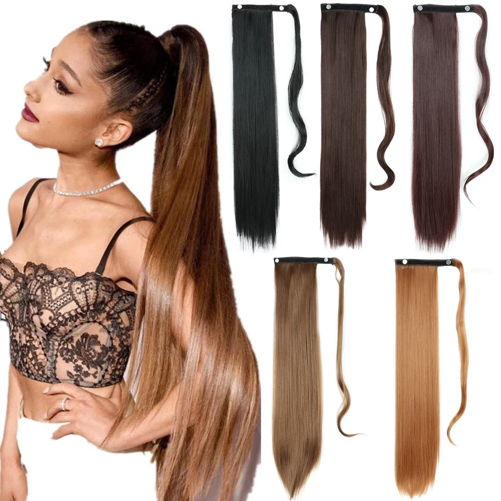 Synthetic Hair 22''32In Long Straight Ponytail Fake Hair Tail Wrap Around Ponytail Clip in Hair Extensions Natural Hairpiece