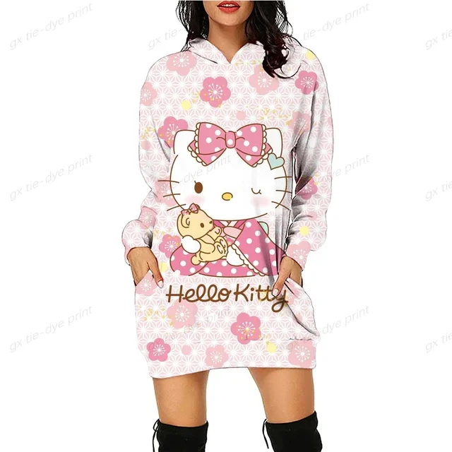 thumbnail image 1 of Sudadera con estampado de bloques de color de HELLO KITTY para mujer, moda informal, holgada, para oficina, manga larga, cuello redondo, sudaderas con capucha, tops de otoño, 1 of 5