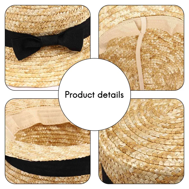 Cute Child Girls Straw Hat Bowknot Sun Hat Kids Large Brim Beach Summer Boater Beach Ribbon Round Flat Top Fedora