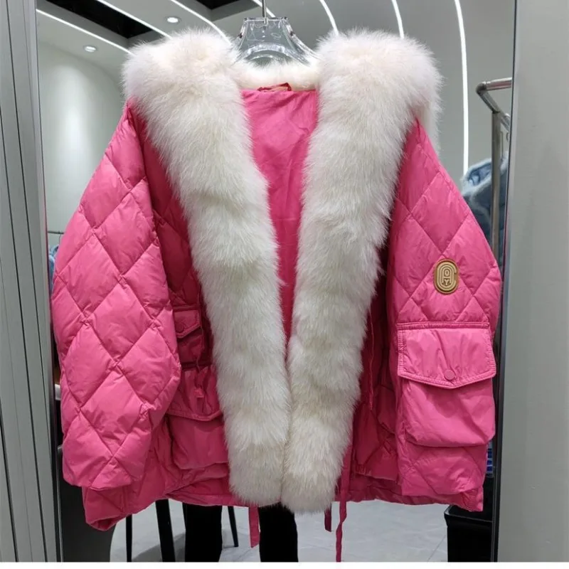 2023 Winter New Women Imitation Fox Fur Collar Coat Female Loose Short Down Jacket Fashion Solid Color Thick Warm Casual Outwear women thick coat imitation fur lamb wool patchwork solid color warm outer wear winter jacket parka fashion lady streetwear 2022