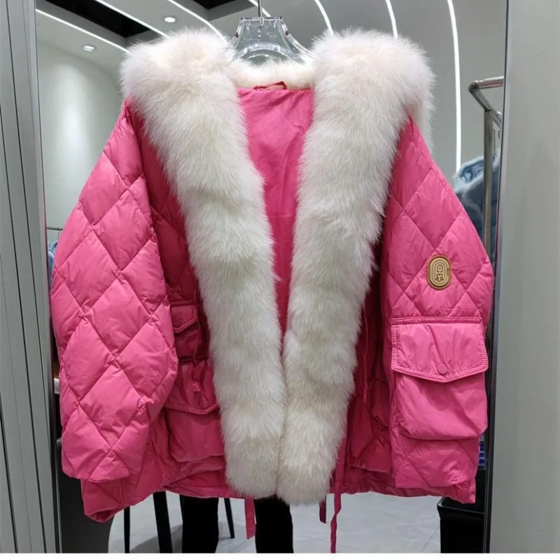 2023 Winter New Women Imitation Fox Fur Collar Coat Female Loose Short Down Jacket Fashion Solid Color Thick Warm Casual Outwear big fur collar fashion female parker 2022 new winter loose women down jacket hooded warm thick casual women down jacket nbh549