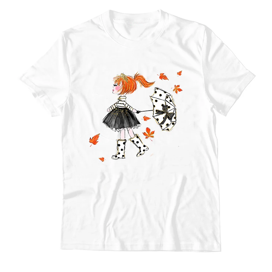 

Little Girl In Raincoat With A Kitty Print Autumn Women's Shirts Aesthetic Short Sleeve O Neck 100% Cotton Femme Tops