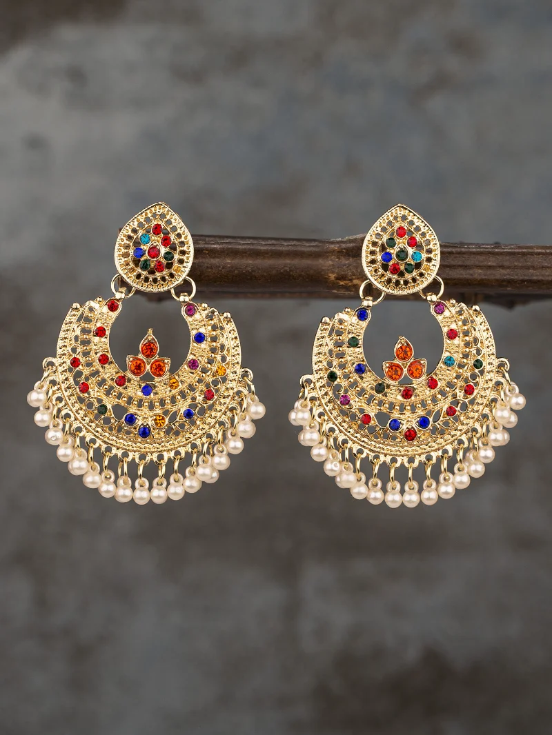Exaggerated Pendant Earrings for Women Bohemian Colorful Zircon Crystal Pearls Tassel Earrings Retro Alloy Ethnic Indian Jewelry
